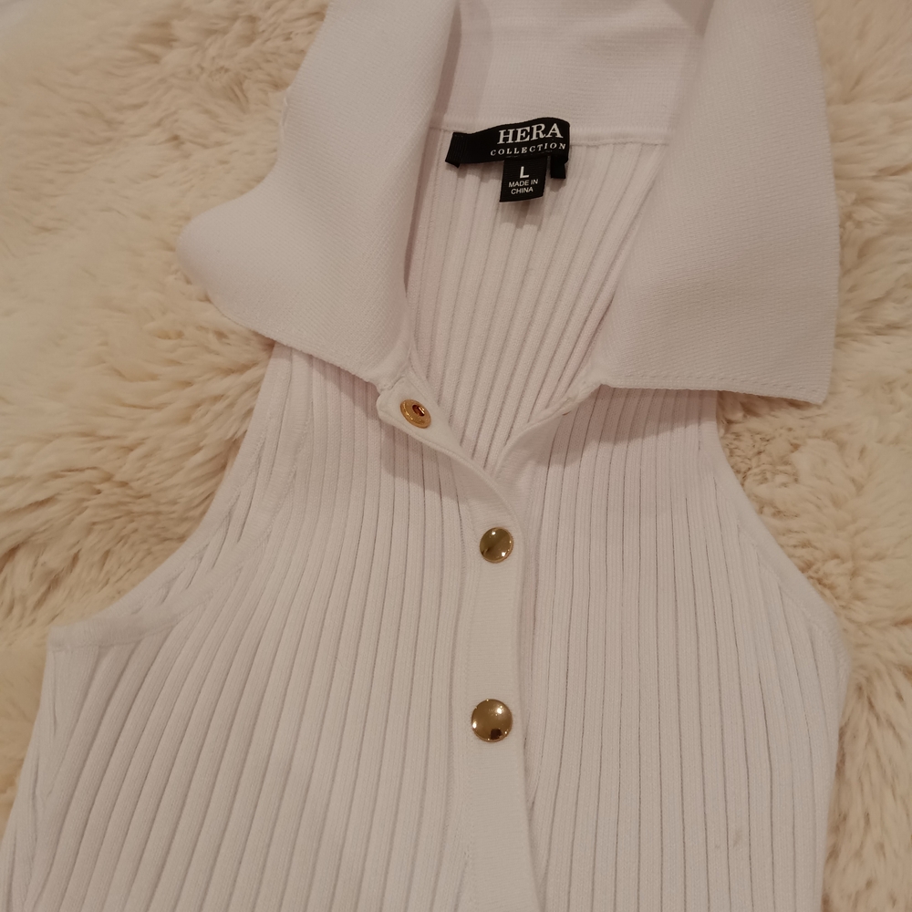 White Ribbed Sleeveless Top with Gold Buttons